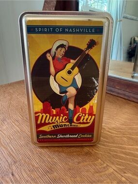 VTG Music City Munchies Nashville Cowgirl Tin - Yellow Red Vintage Graphic